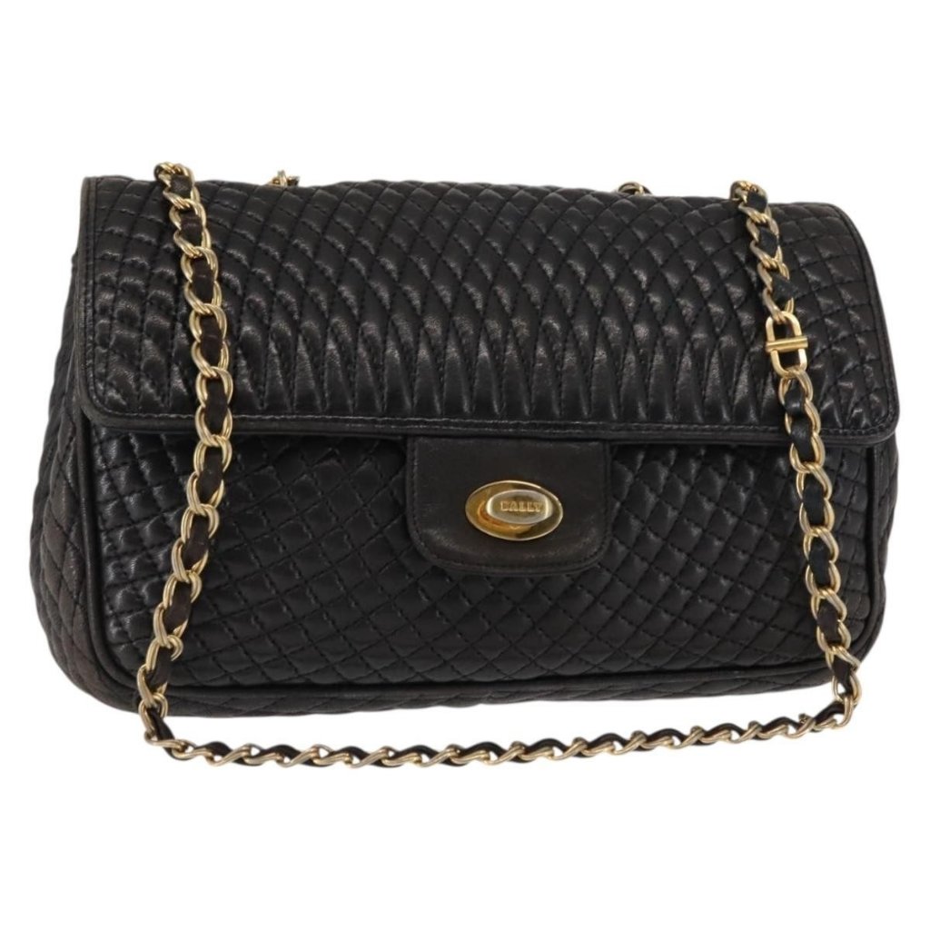 Authentic Bally Chain Shoulder Bag Leather Black